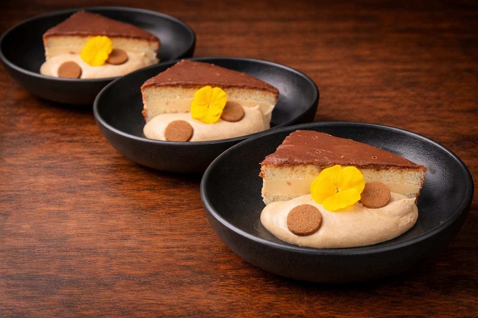 Chocoladetaart met pepernoot-schuim en eetbare bloem