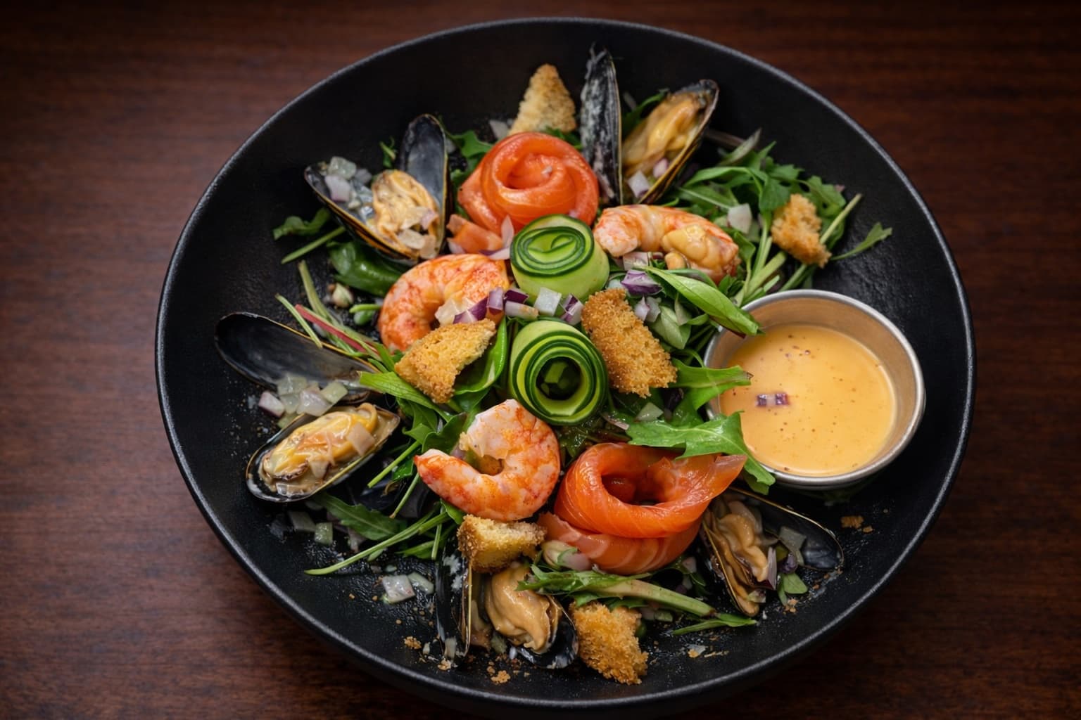 Seaside salade met zalm, mosselen en garnalen