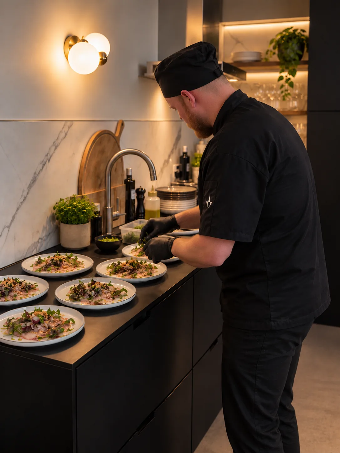 Kell maakt zes borden ceviche op in de keuken van de gast