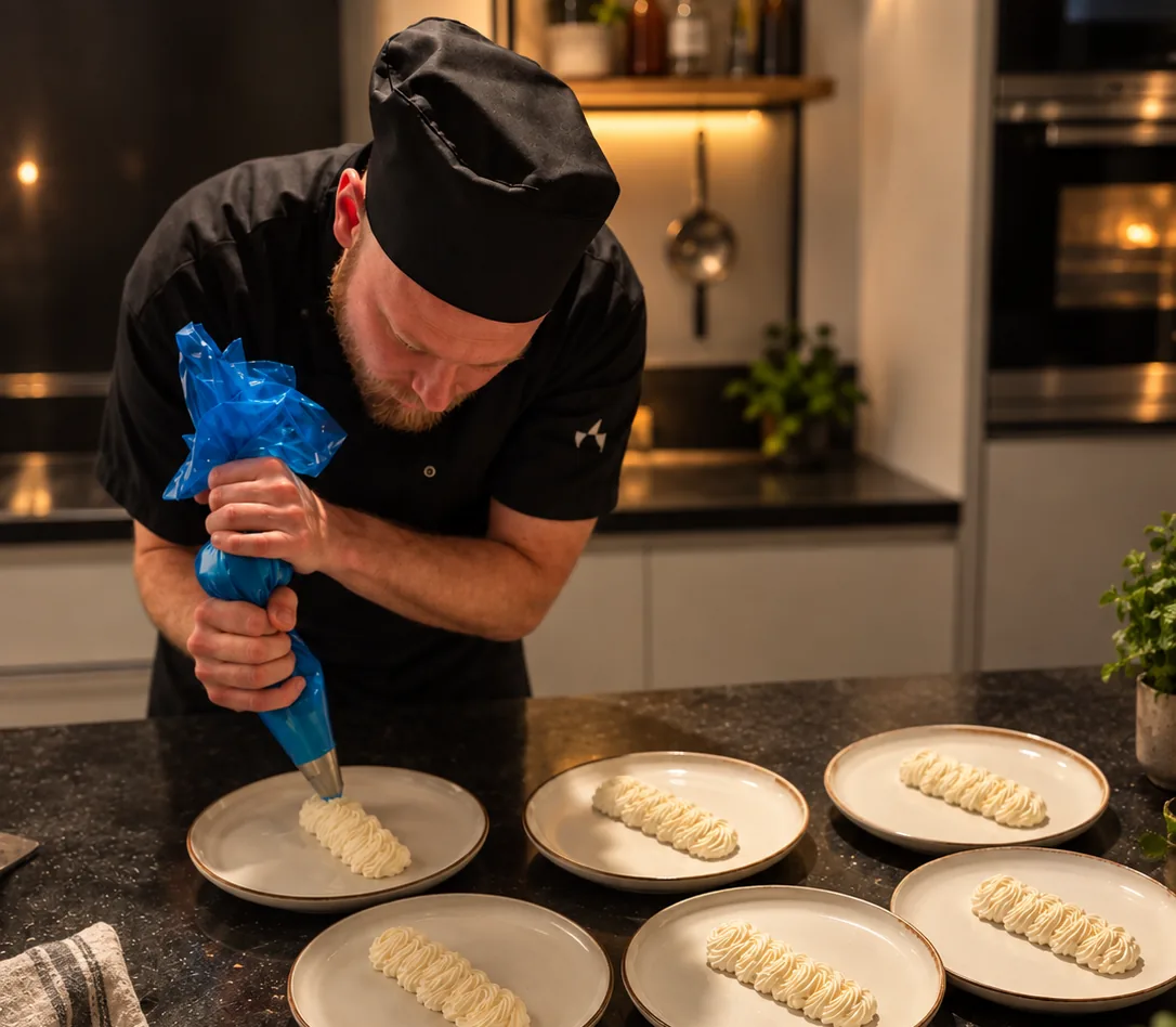 Kell Zwart spuit het dessert op zes borden in de keuken van een gast
