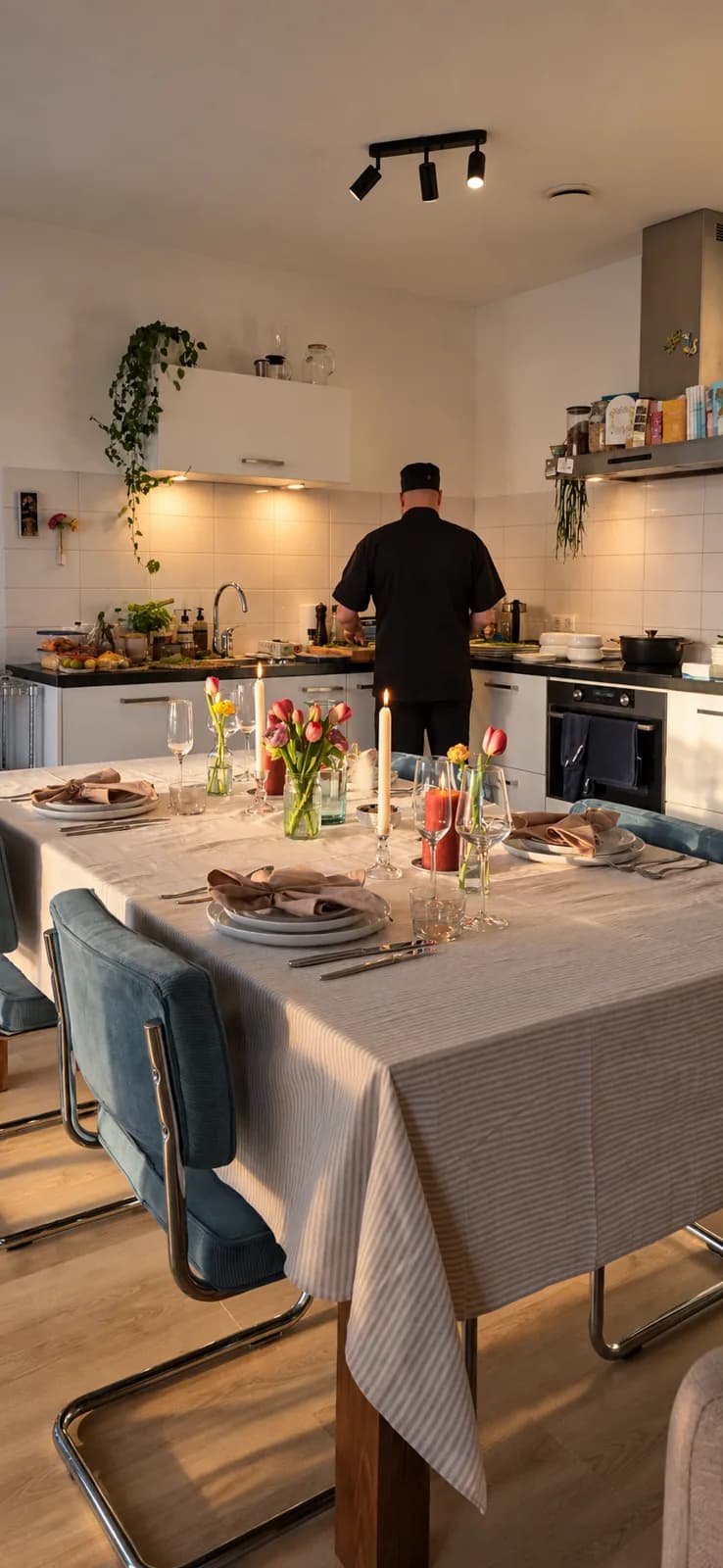 Gedekte tafel met tulpen en kaarsen bij de gast thuis, Kell aan het fornuis op de achtergrond